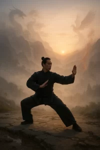 Tai Chi practitioner performing a pose at sunrise on a misty mountain plateau with dragon and phoenix silhouettes in the background